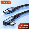 A black and silver 3A elbow fast charge cable with a USB-C connector is shown against a light blue background.