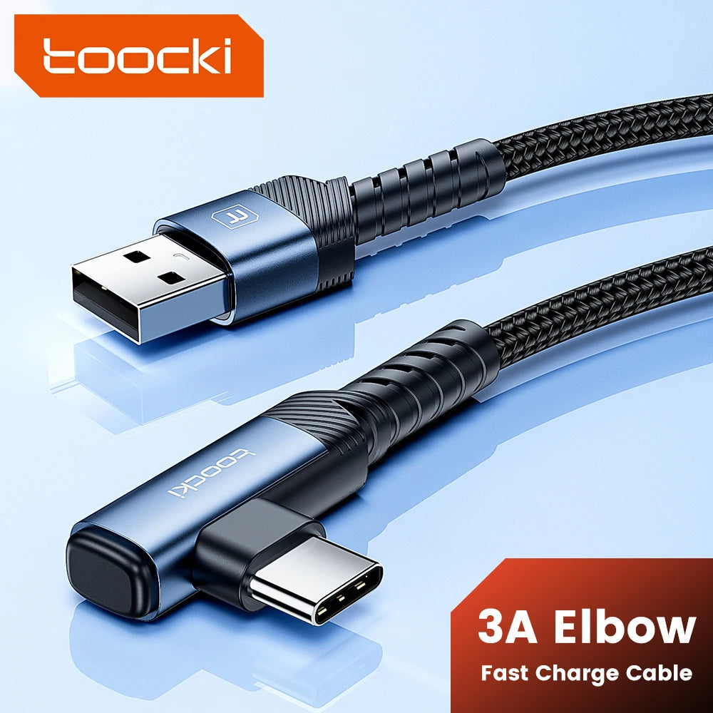 A black and silver 3A elbow fast charge cable with a USB-C connector is shown against a light blue background.