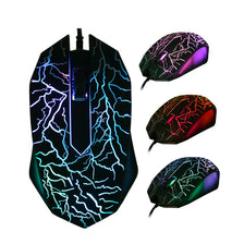 A black ergonomic wired gaming mouse with vibrant neon green and purple lightning bolt LED lighting.