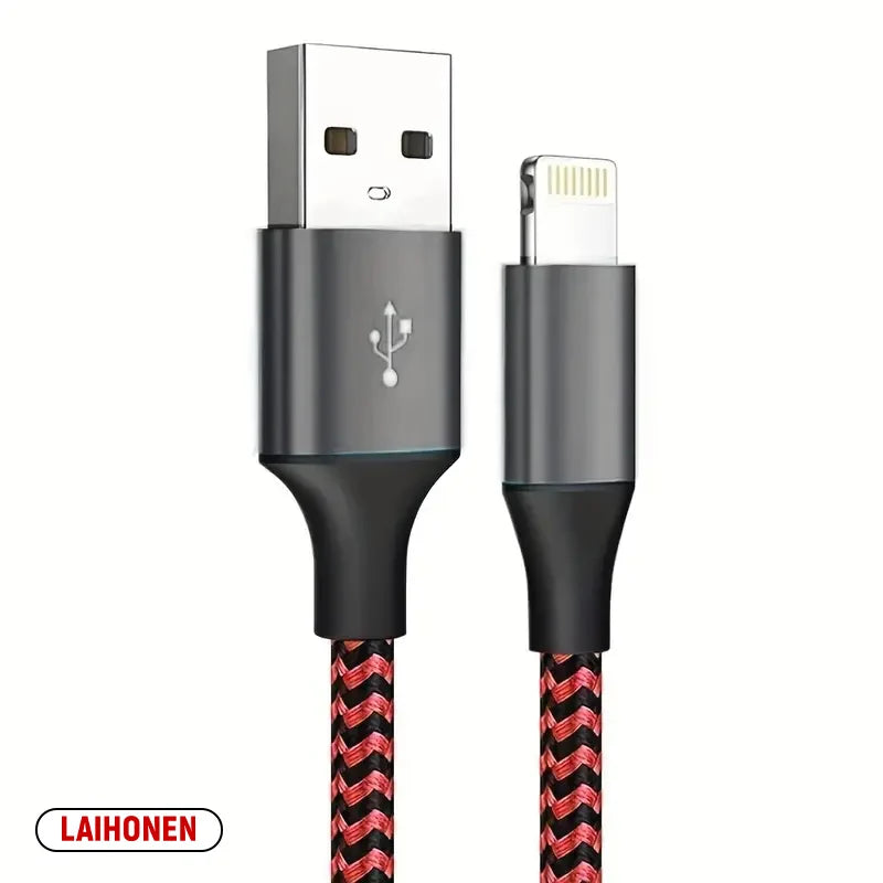 A black durable MFi certified lightning cable with a square connector and a Lightning connector.
