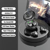 A pair of black wireless earbuds resting on a charging case with a display and control buttons.