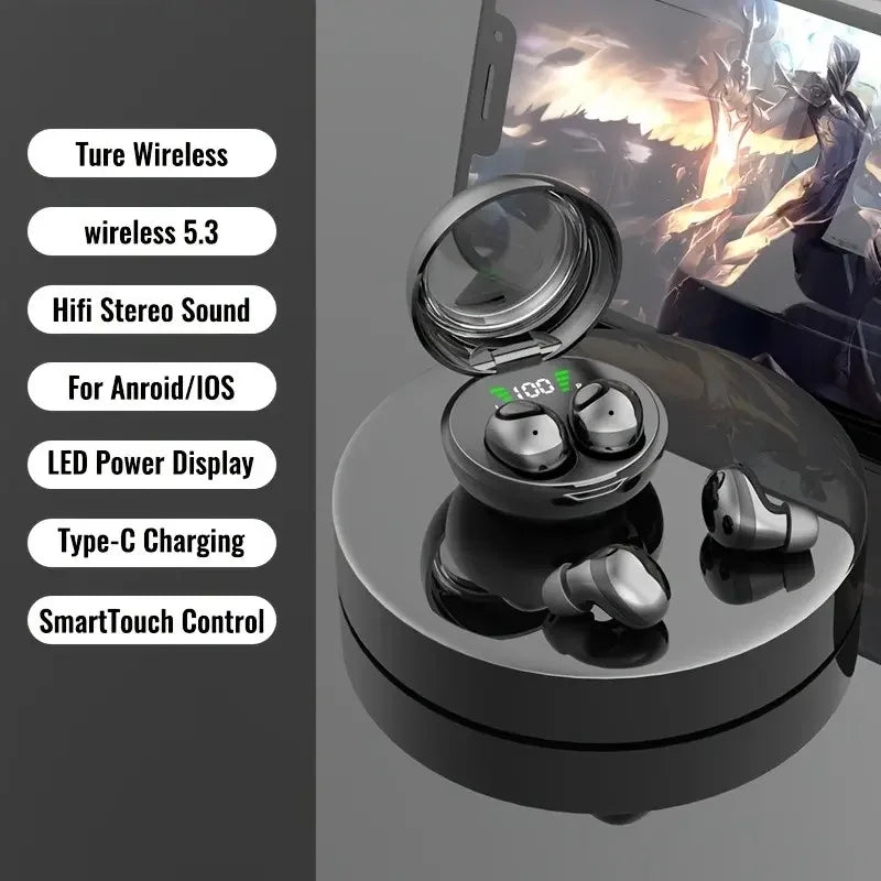 A pair of black wireless earbuds resting on a charging case with a display and control buttons.
