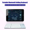 A portable folding Bluetooth keyboard with a touchpad is shown, displaying a screen interface and the keyboard components.
