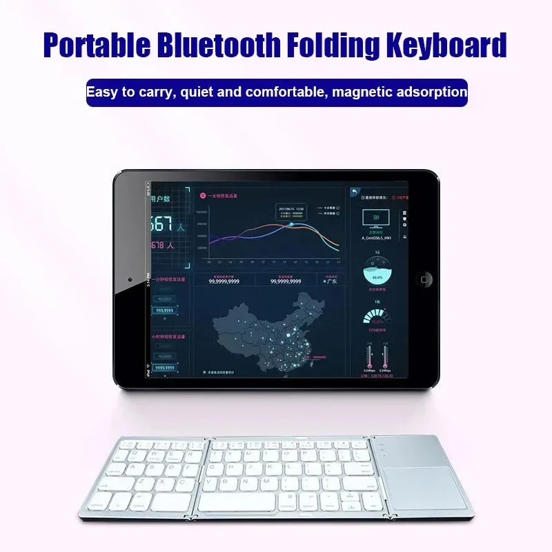A portable folding Bluetooth keyboard with a touchpad is shown, displaying a screen interface and the keyboard components.