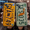 A yellow license plate phone case featuring the text Alaska 749 and a green one featuring Florida 035.