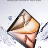 A close-up view of a tablet screen protector demonstrating tough design and durability against shattering.