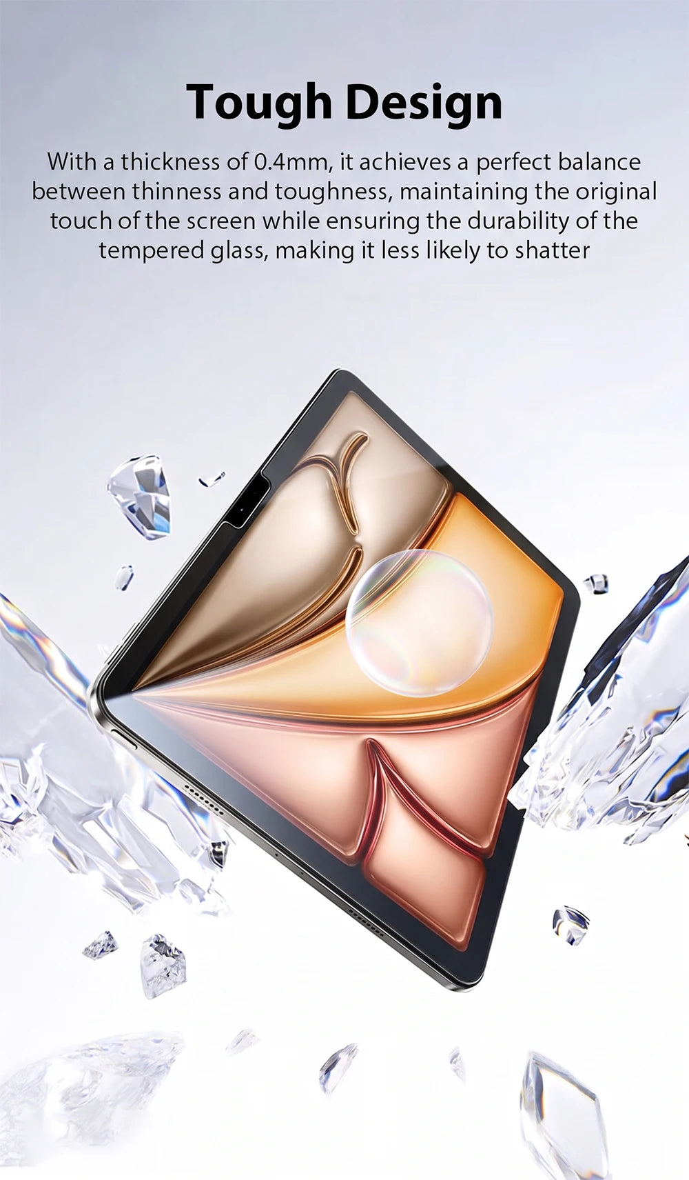 A close-up view of a tablet screen protector demonstrating tough design and durability against shattering.