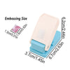A pink embossing punch machine with a blue base and various size measurements for DIY crafts.