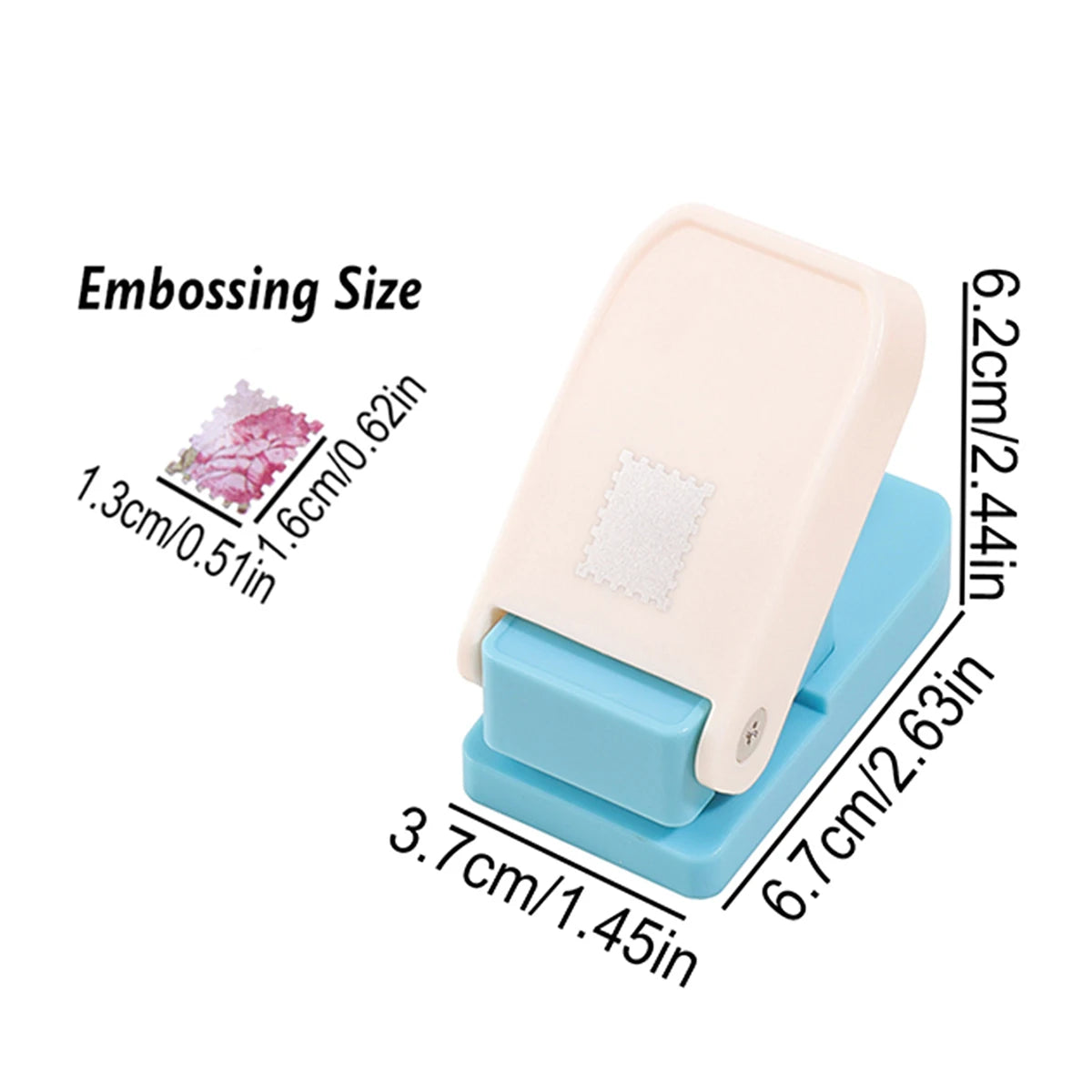 A pink embossing punch machine with a blue base and various size measurements for DIY crafts.