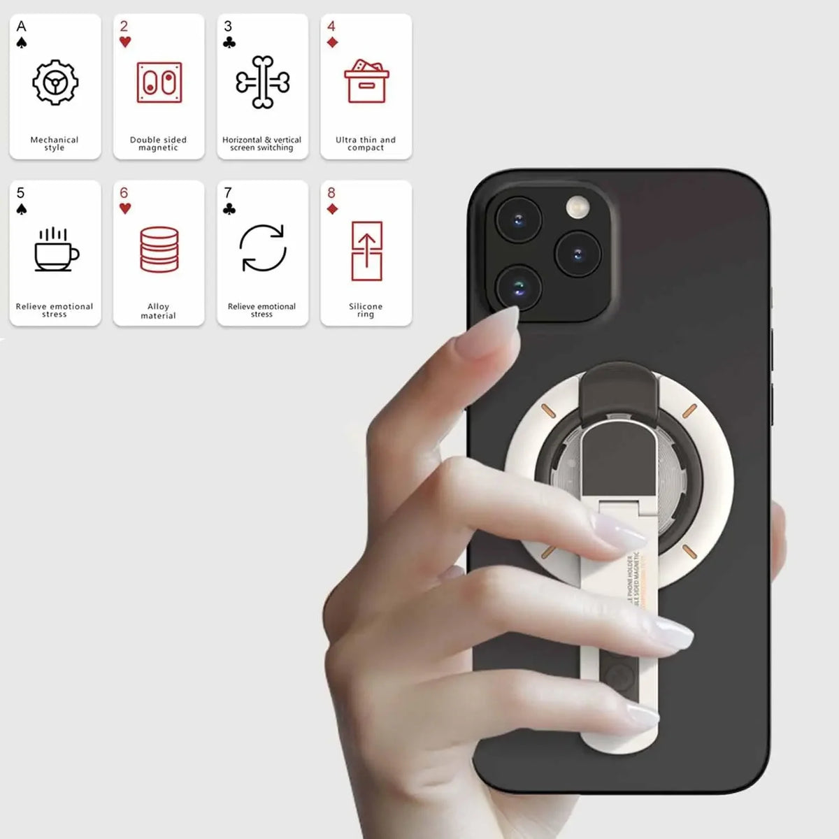 A hand holds a black smartphone featuring a dual-sided magnetic phone ring holder with a 360° rotating stand.