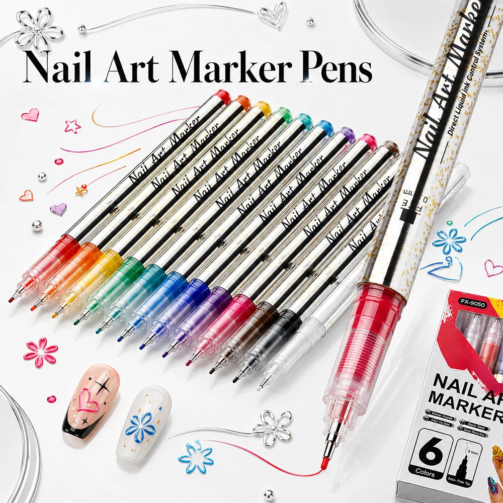 A set of nail art marker pens with various colors and a fine 0.5mm tip displayed on a white background.