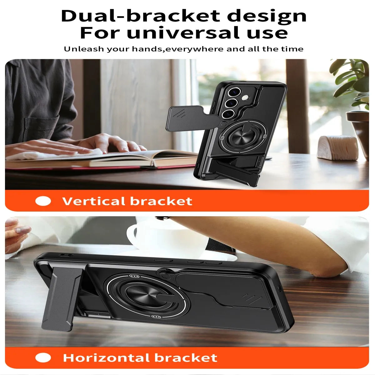 Dual-bracket design for universal use showing vertical and horizontal phone mounts