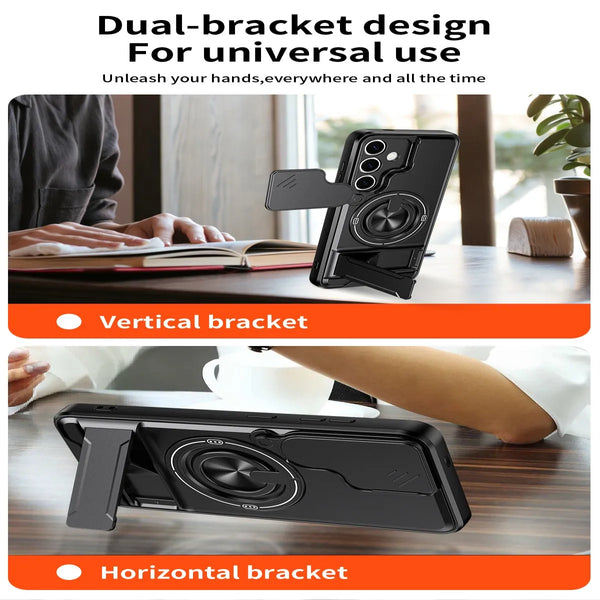 Dual-bracket design for universal use showing vertical and horizontal phone mounts