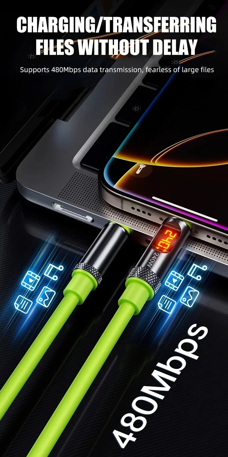 A green high-speed charging cable is shown next to a smartphone, demonstrating 480Mbps data transfer capability.