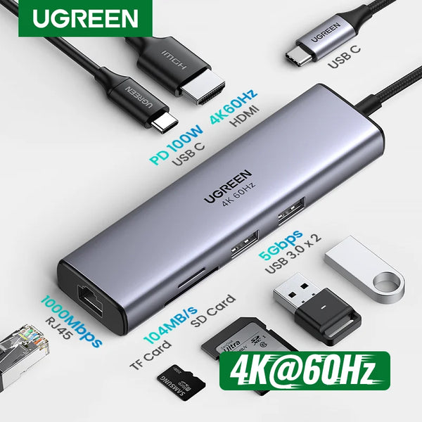 A silver UGREEN 7-in-1 USB-C hub featuring HDMI, Ethernet, and power delivery ports with various cables and cards.