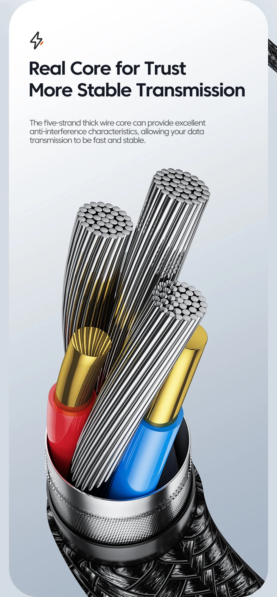 A close-up view of a five-strand thick wire core cable with multiple colored wires inside a metal casing.
