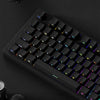 A close-up view of a black mechanical keyboard with PBT double-shot cherry profile keycaps and RGB lighting.