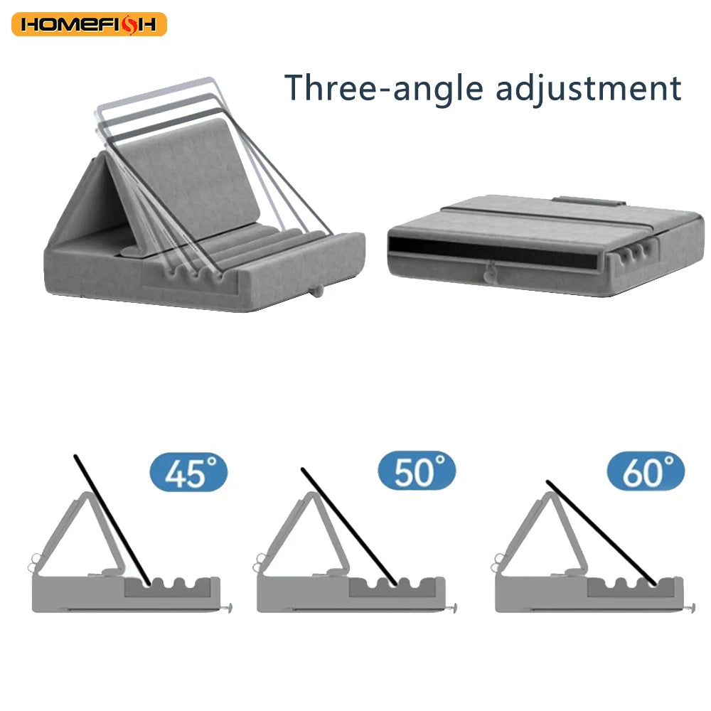 Three-angle adjustment foldable tablet pillow stand with pocket shown in various angles