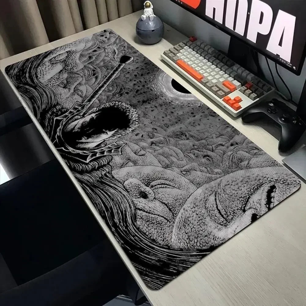 A large black and white anime design mouse pad featuring a fierce sword and flowing hair on a desk.