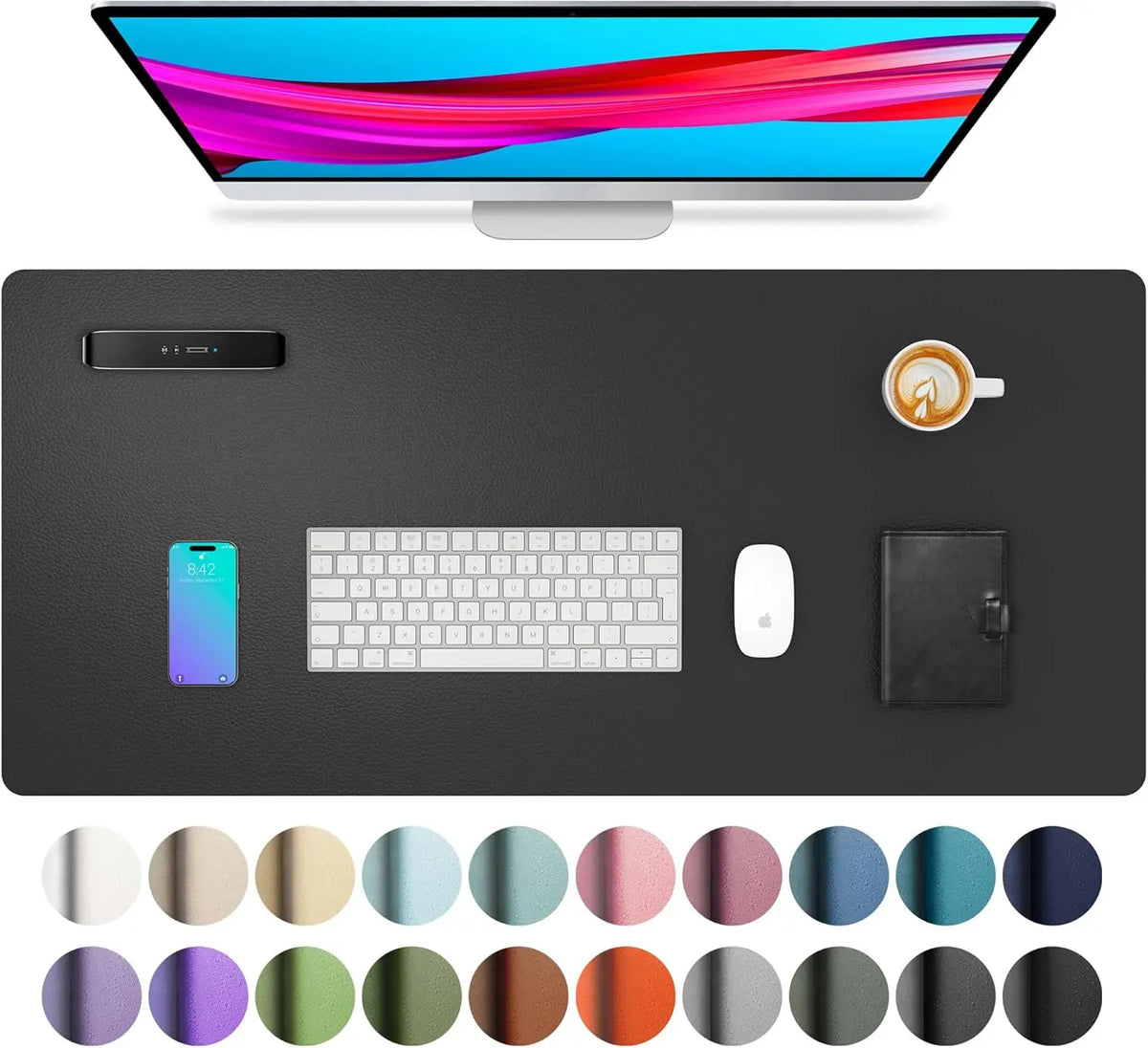 A large black PU leather desk mat featuring various color swatches for laptop and keyboard use.