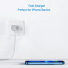 A blue iPhone is shown next to a white wall outlet and a charging cable for a 20W USB-C fast charger.