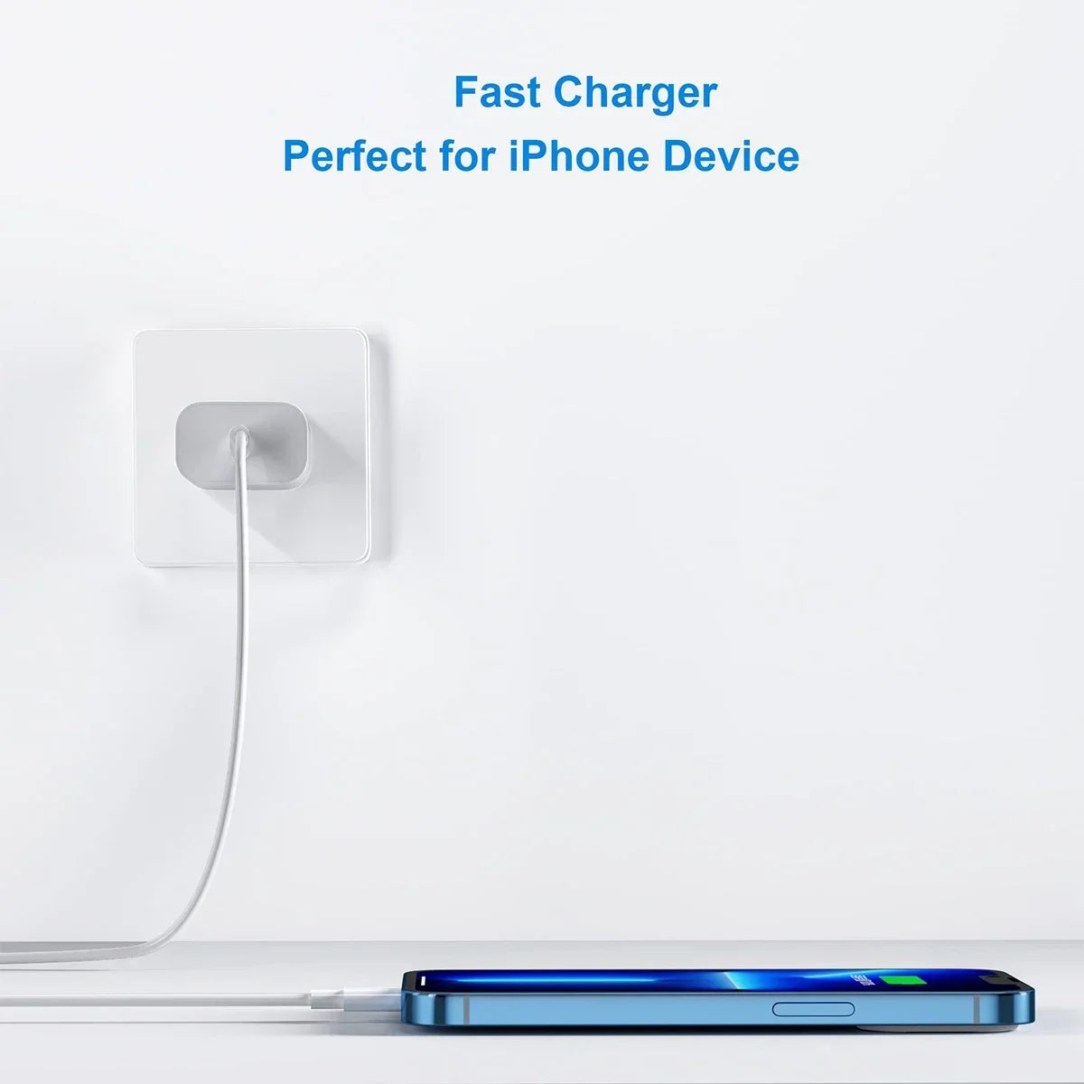 A blue iPhone is shown next to a white wall outlet and a charging cable for a 20W USB-C fast charger.