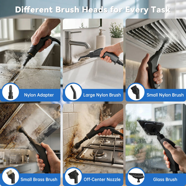 Diverses têtes de brosse pour un nettoyeur vapeur portable, y compris des brosses en nylon et en laiton