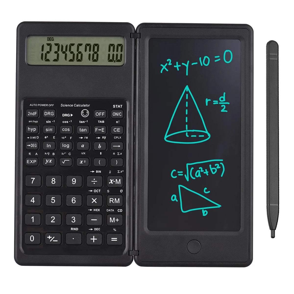 Calculatrice scientifique pliable noire 2-en-1 et tablette d'écriture affichant équations trigonométriques et algébriques.