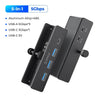 A black multi-port USB 3.0 hub with a clip, featuring multiple USB ports and a power input.