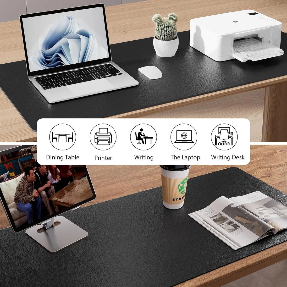 A large black desk mat features various compartments for a laptop, keyboard, printer, writing tools, and a small decorative i