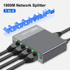 A gray Ethernet switch splitter with four ports and blue light indicating 1 to 4 Gigabit network splitters.