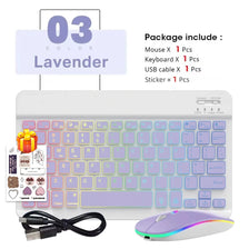 Ensemble clavier et souris Bluetooth portable lavande, avec câble USB et autocollant.
