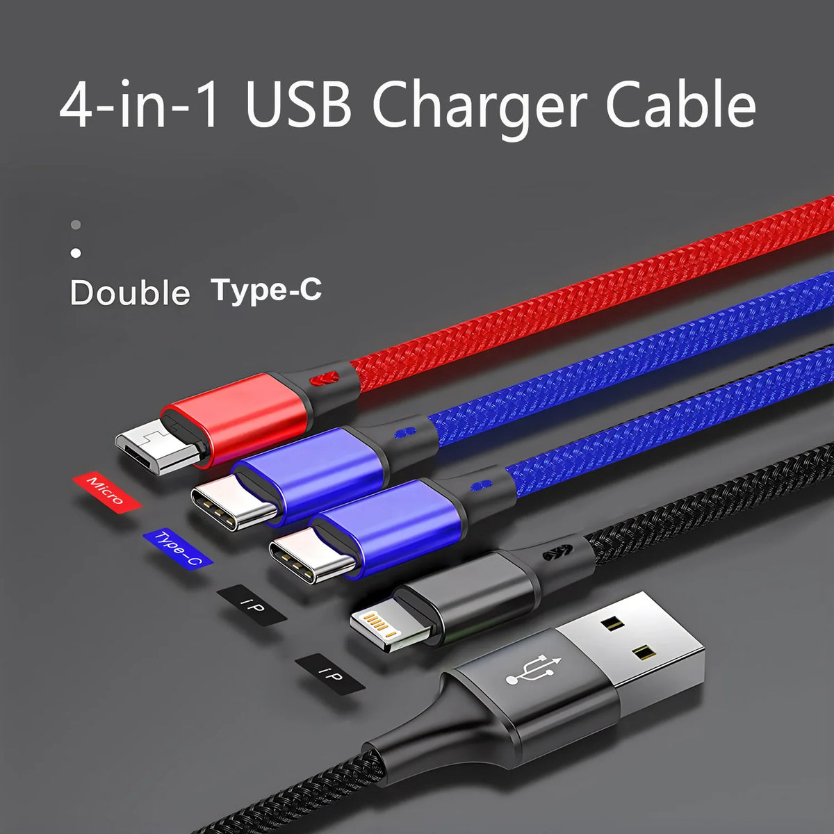 A 4-in-1 USB charger cable featuring multiple connectors including Type-C and Micro, with braided red, blue, and black wires.