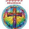 A colorful stained glass cross design on a round acrylic hair bow set.
