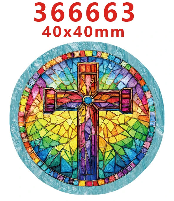 A colorful stained glass cross design on a round acrylic hair bow set.