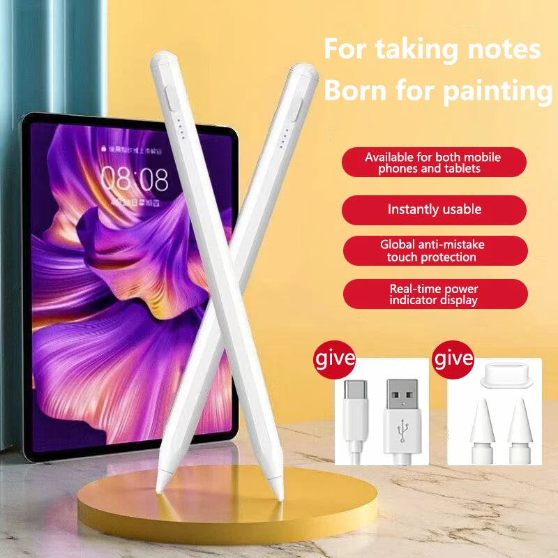 Weiiger kapazitiver Stylusstift über einem Tablet-Bildschirm auf einem goldenen Ständer.