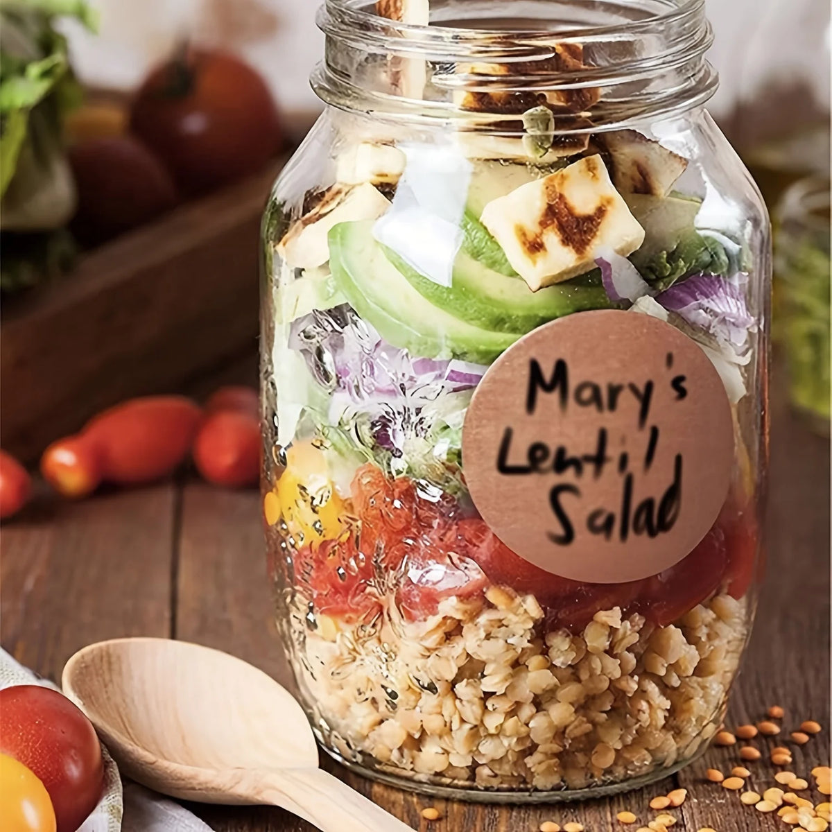 A glass jar filled with Mary's lentil salad, featuring grains, vegetables, and tomato sauce.