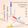 A set of direct liquid acrylic paint markers in various colors including pink, green, and purple, displayed on a light backgr