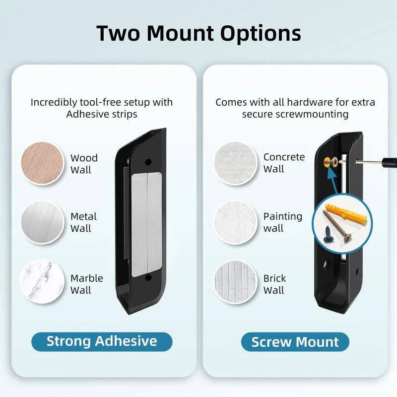 Two mount options for an under-desk laptop mount including adhesive strips and screw mounting for various walls