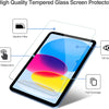 A clear tempered glass screen protector is shown being applied to an iPad screen, demonstrating its fit and coverage.