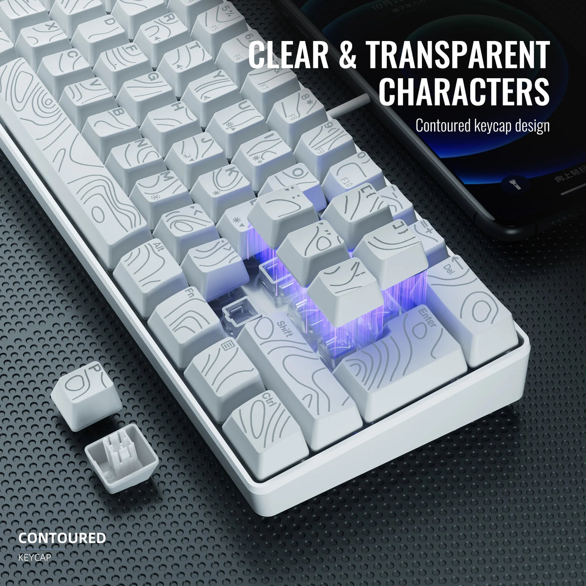 A close-up view of a white contoured mechanical keyboard with clear and transparent characters and blue backlight.