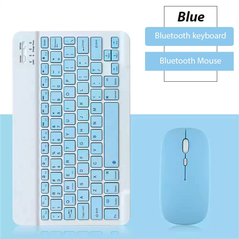 Weißes Bluetooth-Tastatur- und Maus-Set, einschließlich einer Vollformat-Tastatur und einer drahtlosen Maus.