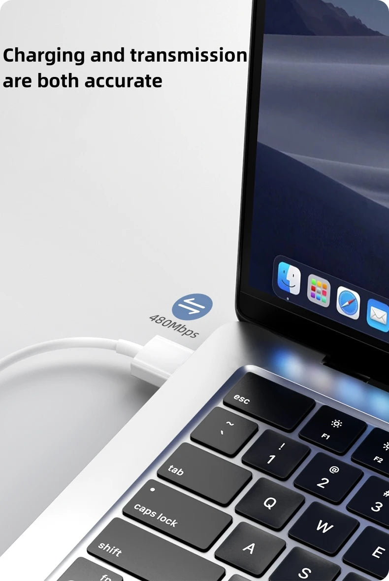 A close-up of a laptop and a charging cable demonstrating accurate charging and transmission.