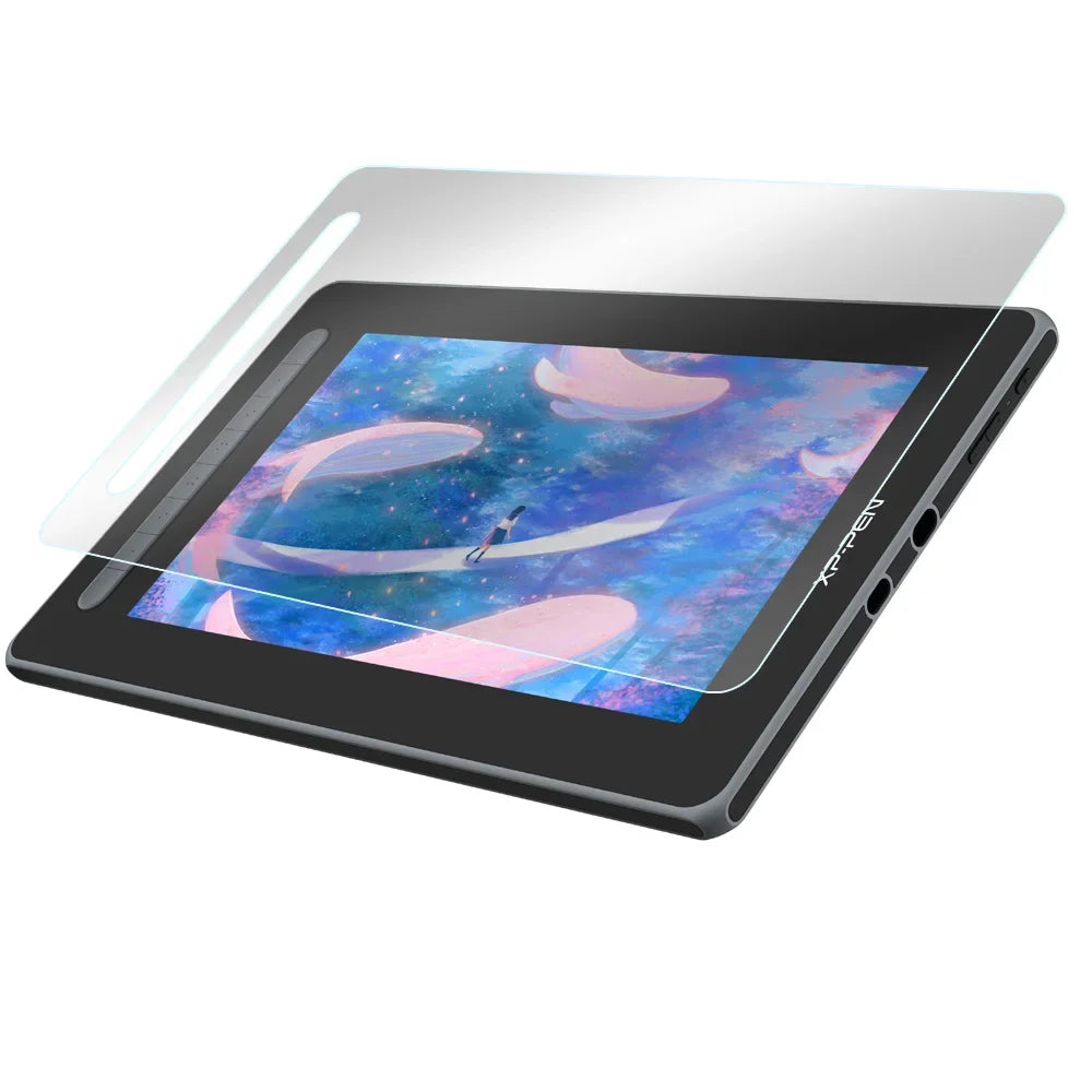 A matte film screen protector is shown placed over a digital drawing monitor displaying a vibrant cosmic scene.