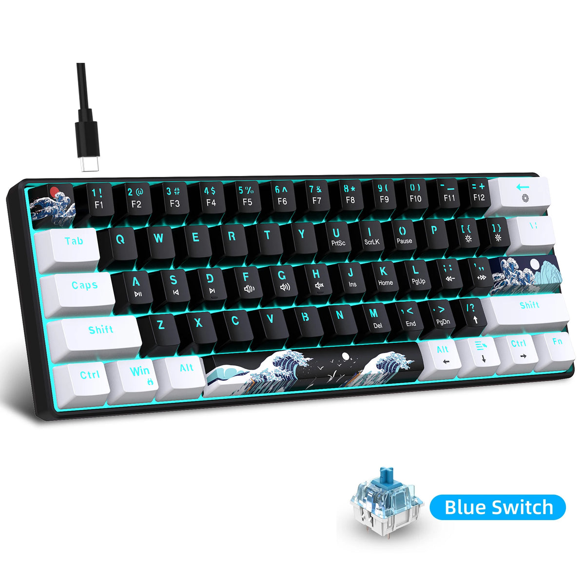 Un clavier de jeu mécanique compact avec des commutateurs bleus et un câble USB détachable.