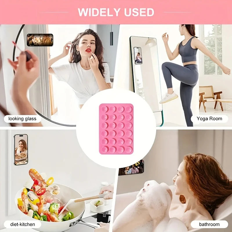 A multi-pack of pink silicone suction phone mounts is shown in various contexts including a mirror, a kitchen bowl, and a bat