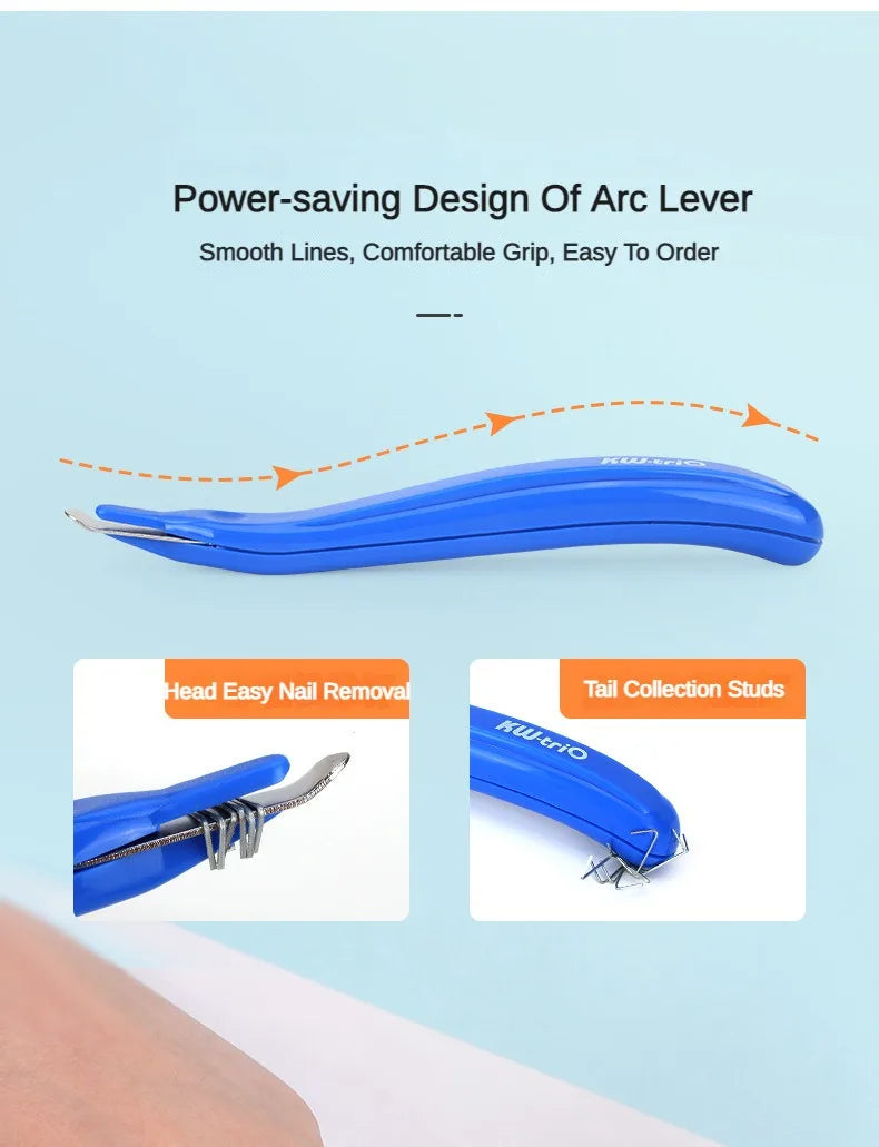 A blue Arc lever tool for easy nail removal and tail collection, shown in various angles.