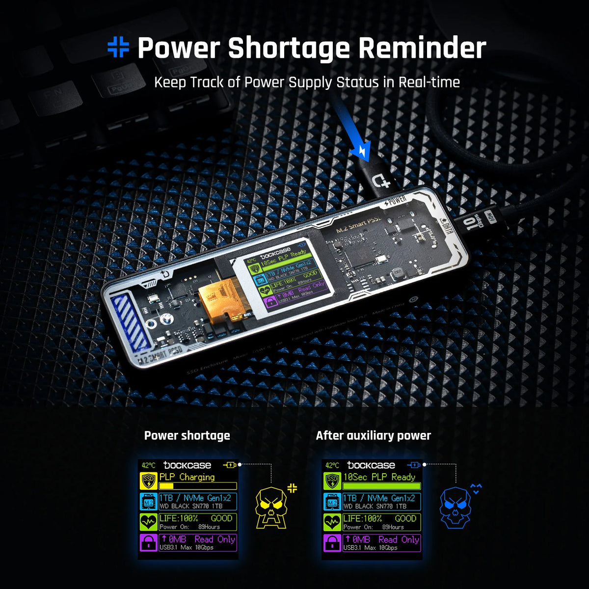 A portable device showing power shortage and after auxiliary power status on an LCD display.
