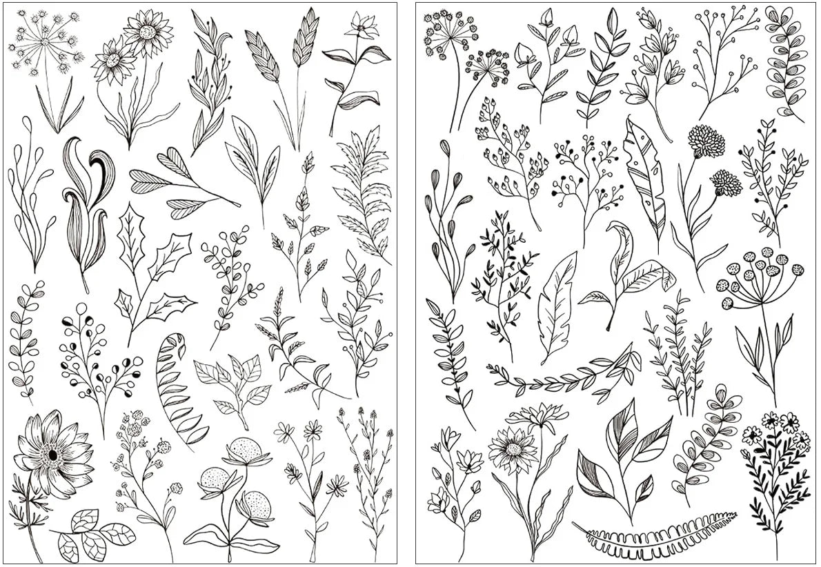 Black and white line drawings of various floral patterns for water-soluble stick and stitch embroidery paper
