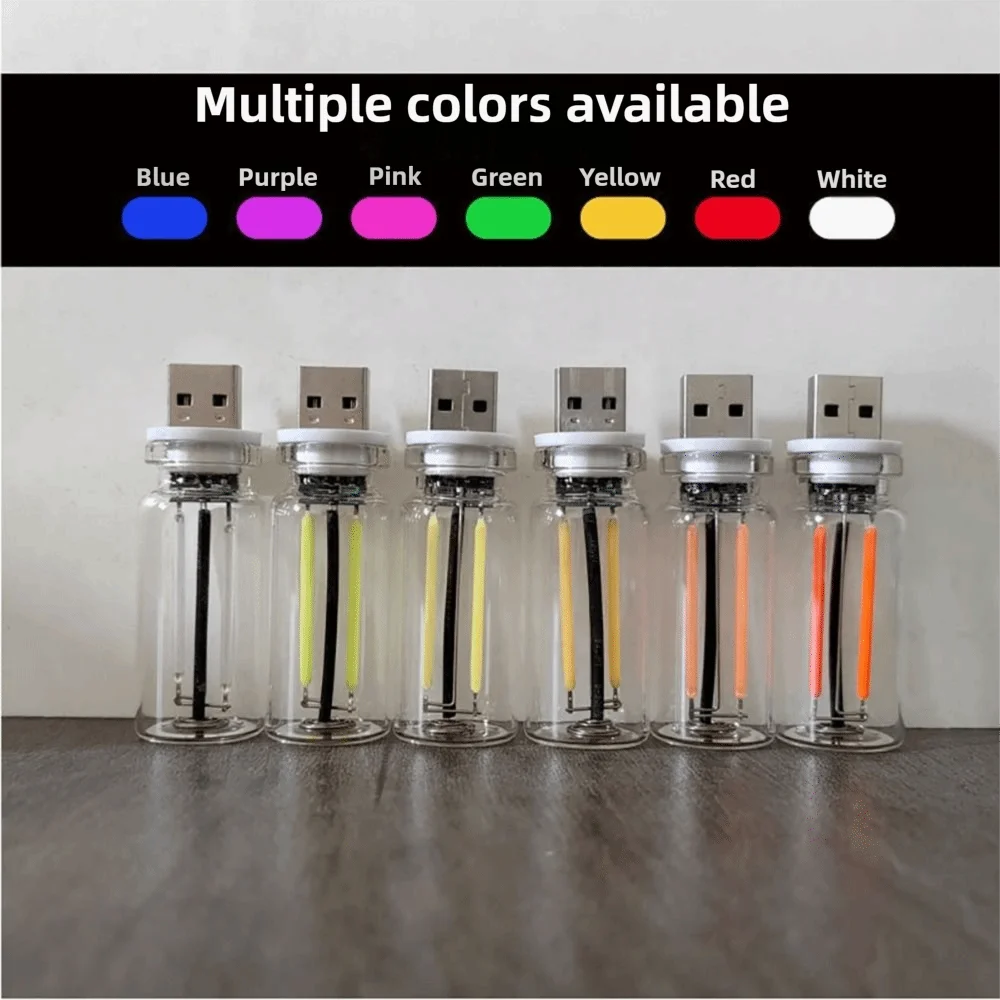 A set of seven retro Edison USB LED bulbs in various colors including blue, purple, pink, green, yellow, red, and white displ